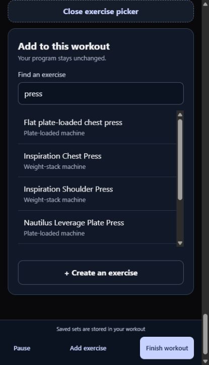 DocLifts exercise picker searching for presses, with matching exercises labeled by equipment type