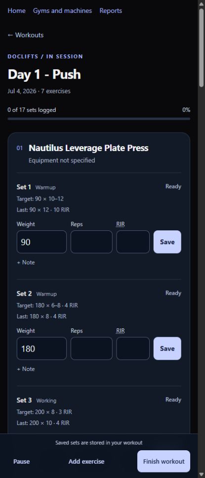 Redesigned DocLifts workout screen with exercise cards, previous performance, larger weight and rep inputs, and workout progress